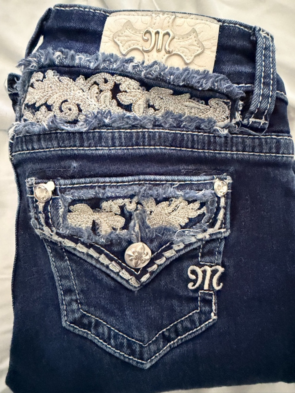 Miss Me Dark Wash Jeans with Silver Embroidery